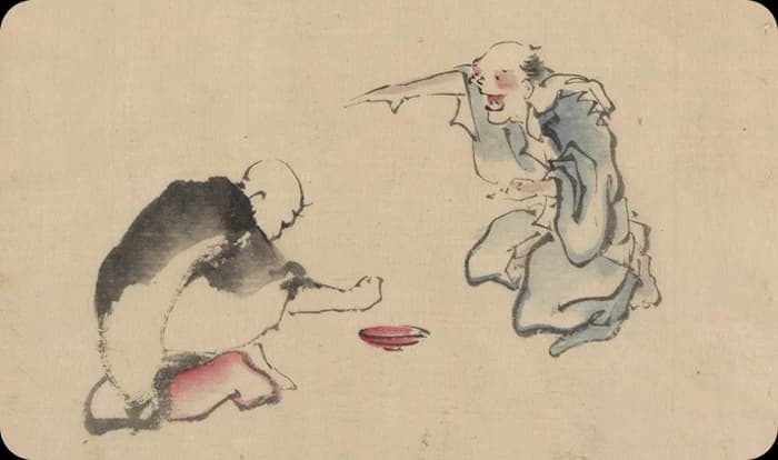 鉢を挟んで賭けに興じる二人を描いた戯画