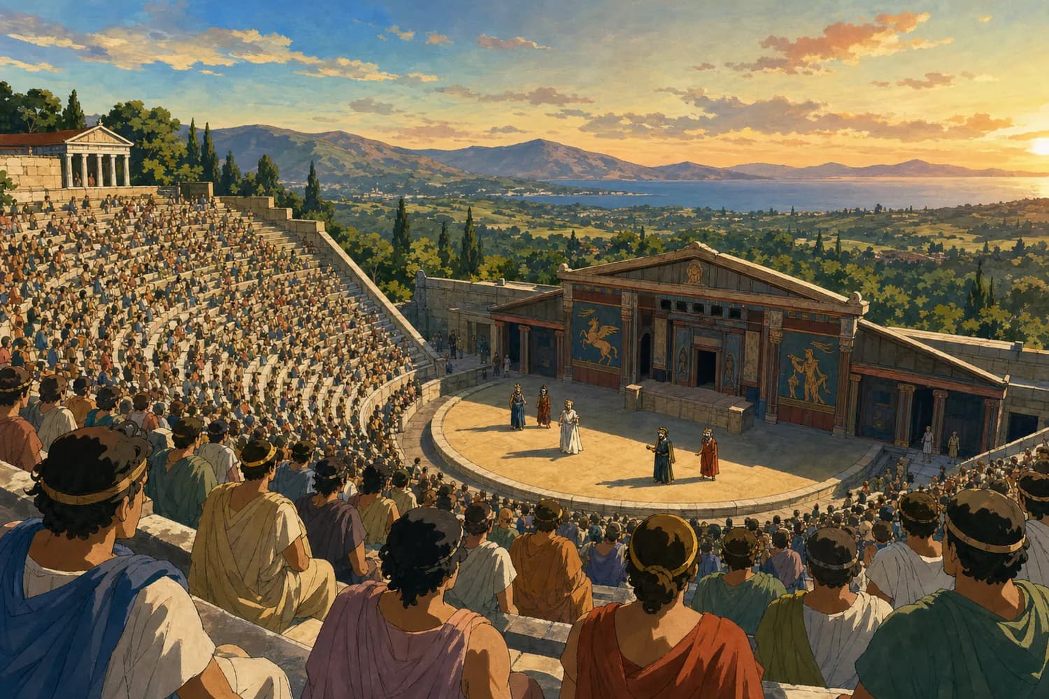 古代ギリシャの野外劇場。仮面の役者が神話を演じ、観客席が埋まっている