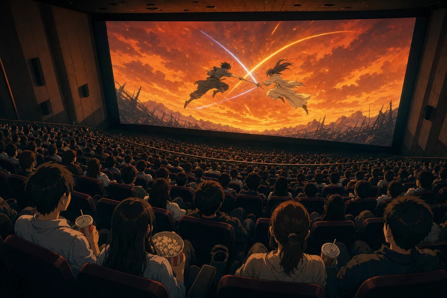 現代日本の映画館。満席の客席と、アニメの戦いが映る大きなスクリーン