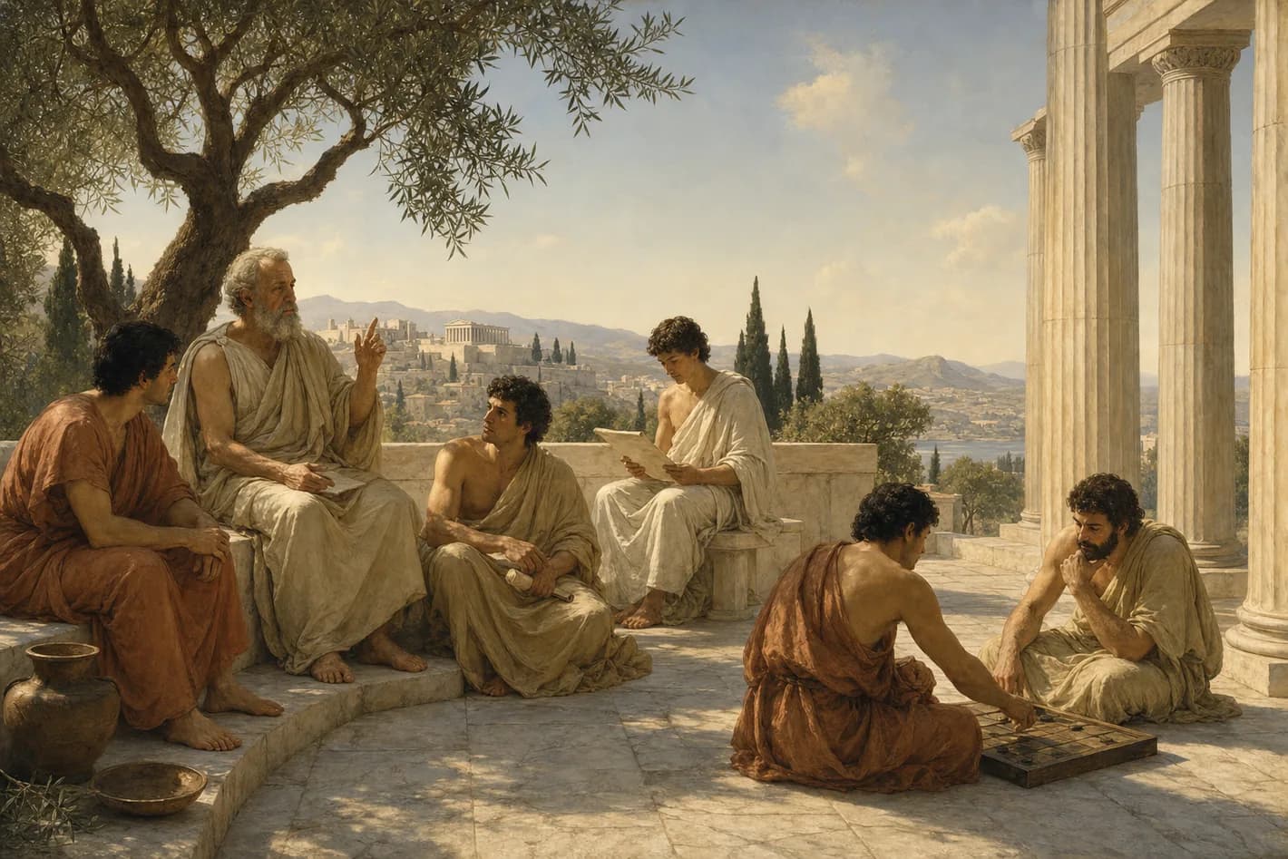 木陰に集まり語り合う古代ギリシャの人々